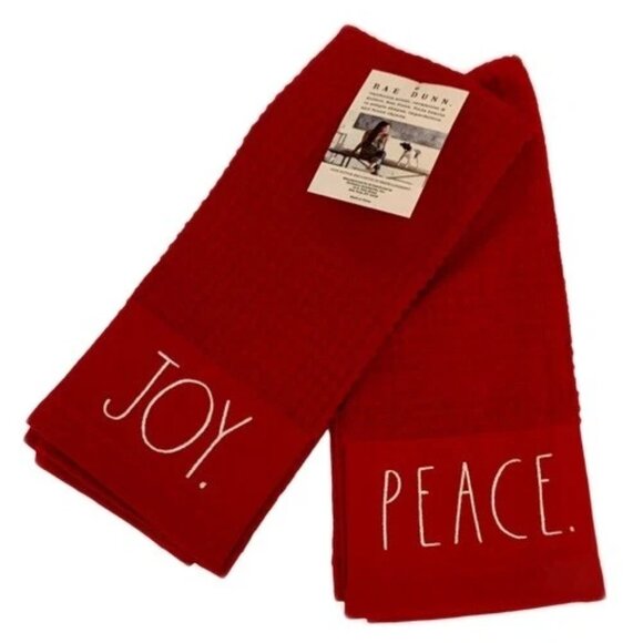 Rae Dunn Christmas Kitchen Towels Set of 2 Red Joy & Peace - NEW - Picture 1 of 2
